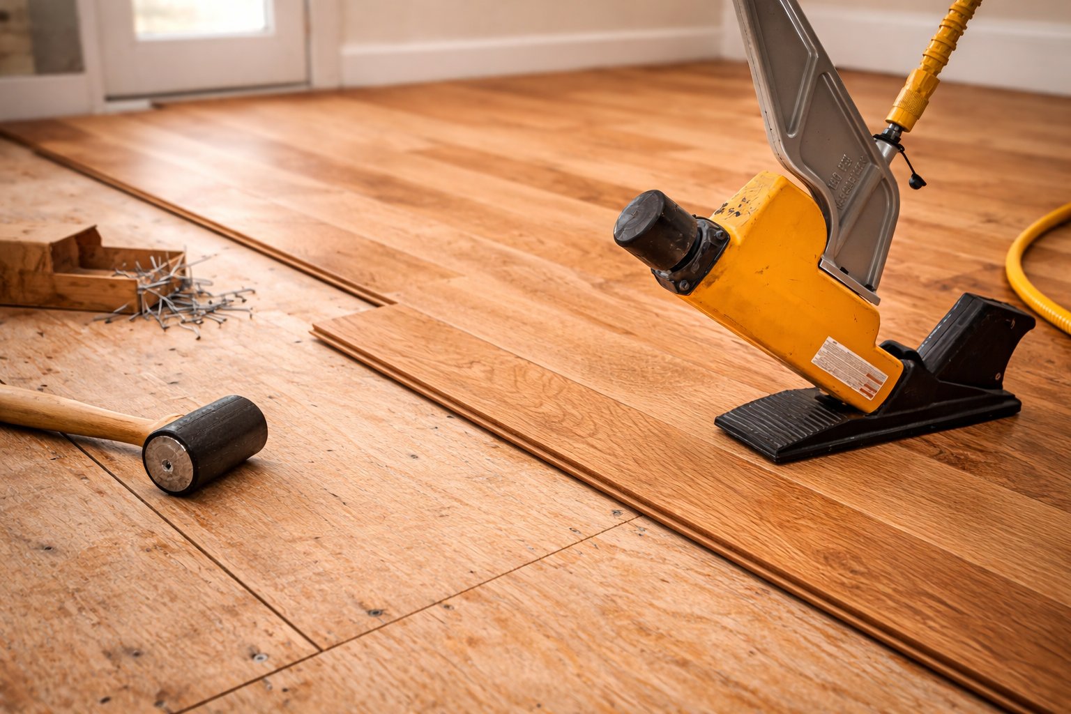 Nail-down hardwood floor installation Toronto detached home wood subfloor