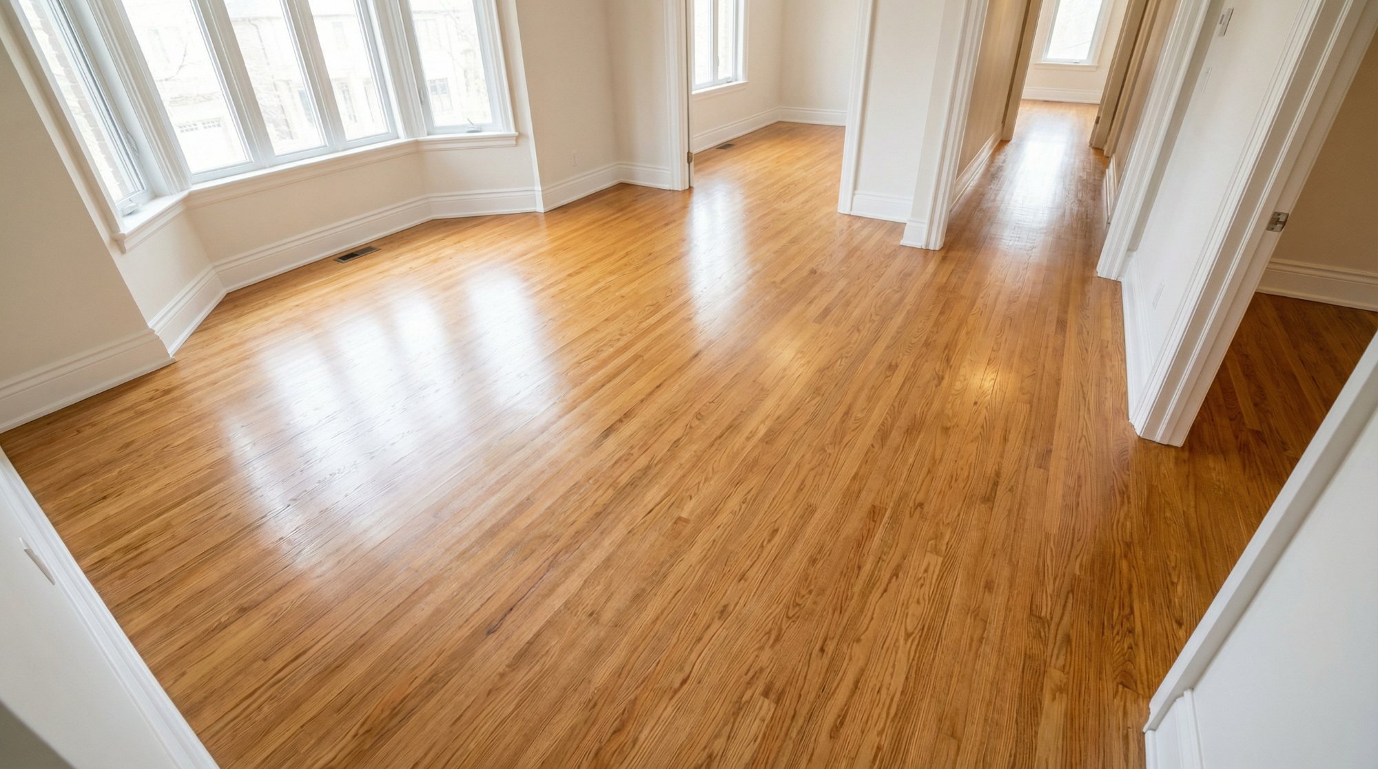 After hardwood floor refinishing Etobicoke Toronto . Fresh stain and polyurethane finish