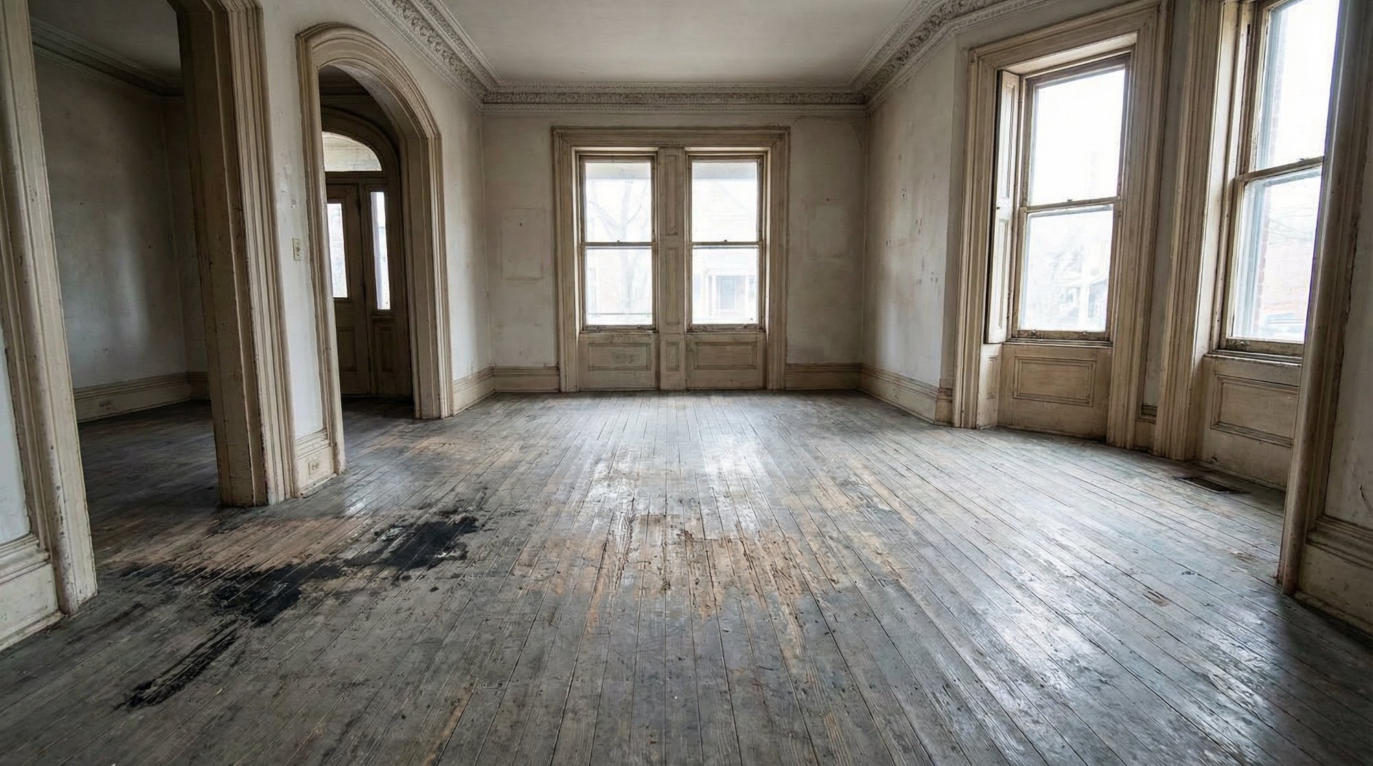 Before heritage fir floor refinishing Leslieville Toronto . Dull and scratched original boards